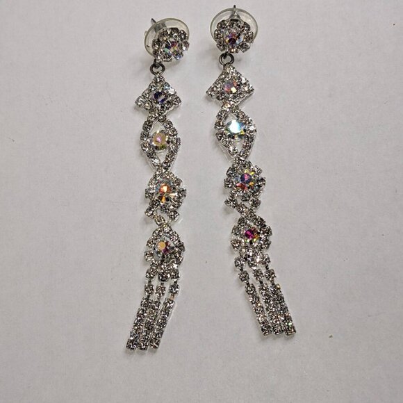 Dazzling AB Rhinestone  Post Drop Earrings – 3 Inch Length - Picture 4 of 4